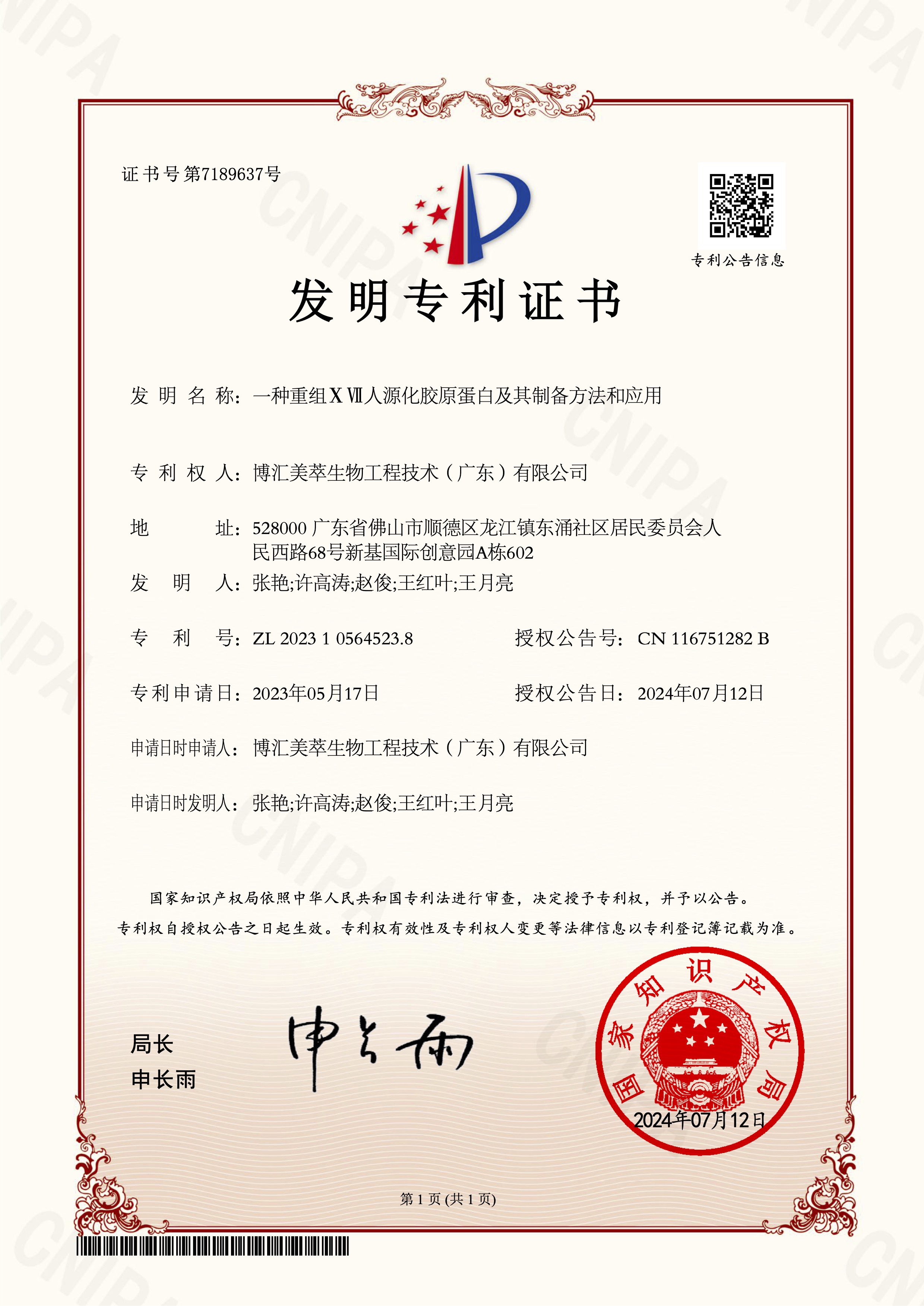 IP04-一種重組ⅩⅦ人源化膠原蛋白及其制備方法和應用